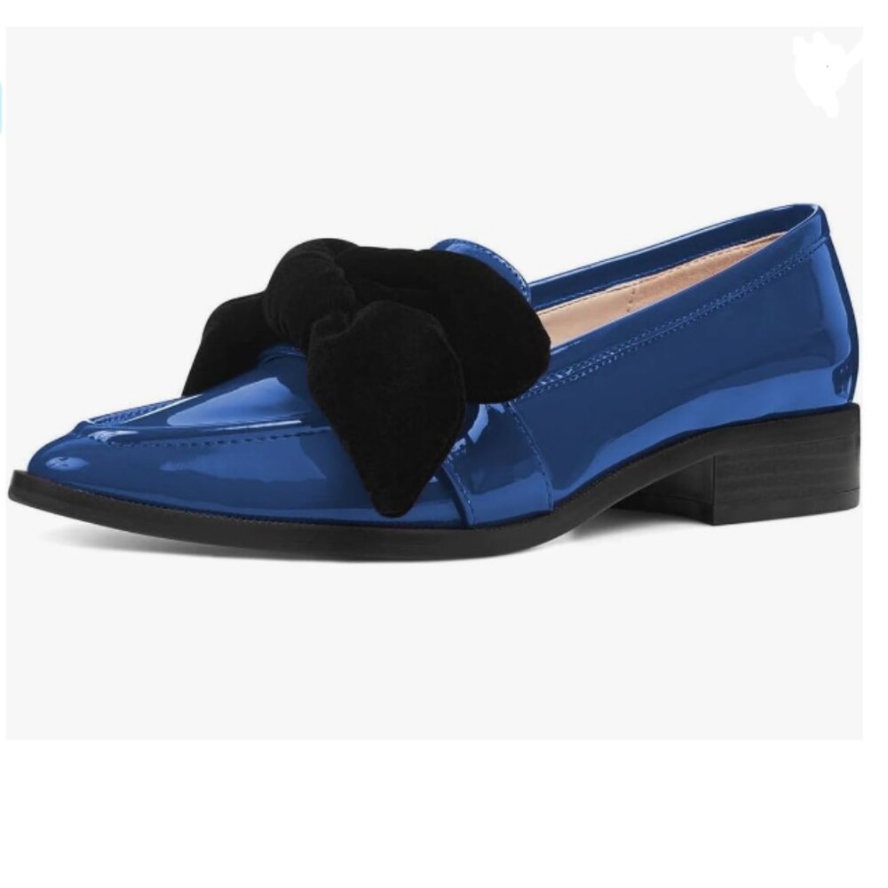 Blue Women Trendy Bowknots Loafers Comfort Low Block Heel Pointed Toe Pump